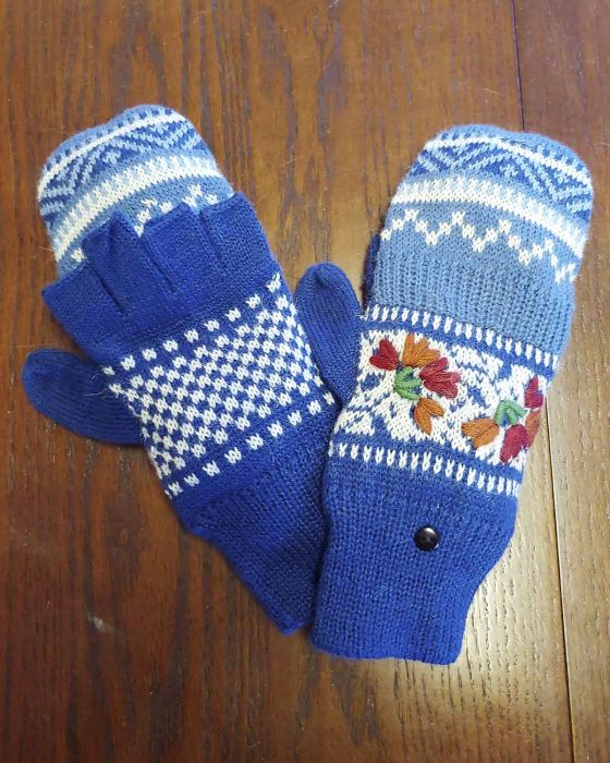Blue and silver alpaca Glitten — a fingerless glove with a mitten flap