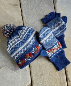 Blue Ridge alpaca cap with matching glitten alongside